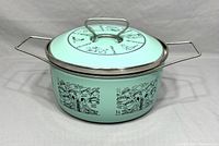 Front angle view of the turquoise enamel casserole pot with lid, showing black and white designs, metal lid handle, and side handles.