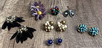 Photo showing black leaf-shaped clip-on earrings, purple flower pin, colorful cluster pin, ivory and gold-tone cluster earrings, blue stud earrings, turquoise cluster earrings, and grey oval stud earrings on wooden surface.