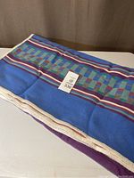 A folded wool blanket showing a blue and multicolored geometric pattern with a white edge.