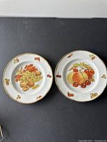 Two fruit-themed ceramic plates with detailed fruit illustrations and gold trim on a black background.