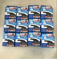 12 retail boxed car chargers for Android devices arranged in a grid.