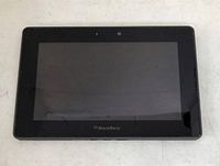 Front view of BlackBerry tablet showing the screen with a front camera and BlackBerry logo on the bezel.