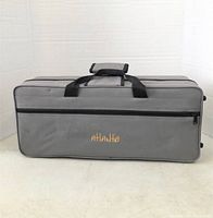 Closed gray Atlantis carrying case for clarinet or saxophone with suede-like black interior lining visible in open photo.