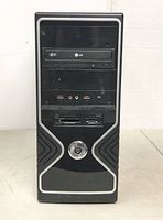 Front view of LG desktop tower showing optical drive, USB ports, audio jacks, and card reader slots