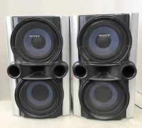 Front view of two Sony SS-EC77 speakers showing dual circular drivers with black mesh metal grills and bass reflex ports.