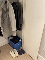 Three women’s jackets hanging on a rack with a blue plastic storage bin below, pair of white sneakers and blue slippers on carpeted floor.