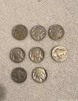 Seven US Buffalo Nickels showing Native American profile and buffalo images arranged in two rows on a light fabric background.