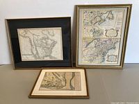 Three framed vintage maps together showing different geographic regions of North America