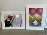 Two mounted but unframed photographic prints side-by-side on a flat surface, showing colorful floral and rounded breast shapes.