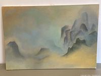 Full view of the oil painting showing soft, misty mountain landscape with gentle color transitions and no signature.