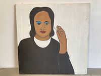 Full view of the oil painting showing the figure of a woman with a cigarette and background condition