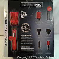 Box showing Conair InfinitiPro The Knot Dr. branding, set contents, technology features, and product images.