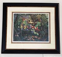Full front view of framed art showing the full Tangled Garden print by J.E.H. MacDonald with black and gold frame and cream mat