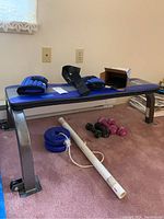 Photo showing full view of blue padded Pure Fitness weight bench with black legs, blue ankle and wrist weights on top, black and pink dumbbells on floor beside it, and white PVC pipe with attached blue weight plates laid on carpet.