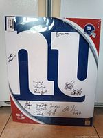 Full front view of the 16" x 20" NY Giants photo file showing multiple signed autographs in black ink.
