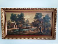 Full view of the large framed oil on canvas countryside landscape painting