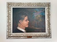 Framed oil painting showing left side profile of a young boy with a dark, atmospheric mixed-color background.