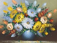 Close-up of original colorful floral oil painting in a light blue vase featuring yellow, white, orange flowers and green leaves with signature in lower left.