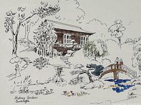 Close-up of the pen and ink drawing showing detailed scene of Hakone Gardens with bridge, trees, and traditional building. Signed by Pelham.