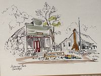 Close-up of pen and ink drawing showing buildings, trees, and 'Historical Park' sign with artist signature 'Pelham'.