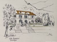 Close-up photo of a pen and ink drawing featuring Villa Montalvo, showing architectural details, landscaping and artist signature.