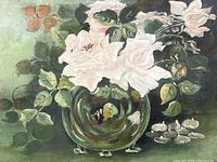 Close view of white flowers in green glass vase showing painting detail and tear damage.