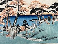 Close-up of the print showing figures in the park and the water background