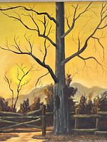 Close-up of painting details showing tree branches and sunset colors