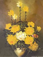 Close-up of oil painting showing detailed yellow and white flowers in vase