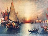 Close-up photo of the framed print showing the sailing vessels on Venetian waterway at sunset.