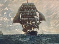 Close-up detailed view of the print showing the large clipper ship with full sails on the ocean and cloudy sky.