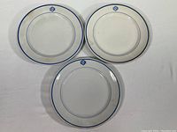 Three vintage china dinner plates arranged on a white surface showing their USN emblems and blue ring details.