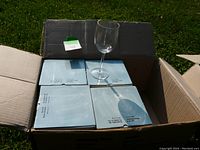 Single wine glass placed on top of four unopened boxes inside an outer box, showing the style and appearance of one glass.