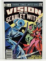 Full front cover of Vision and the Scarlet Witch #1 comic book in protective bag. Shows full title, characters, and price.