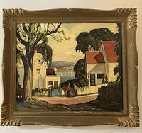 Full front view of M. Rae’s 'Sunny South' oil painting in gold-tone decorative frame