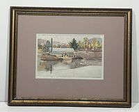 Full framed watercolour landscape painting with beige mat and gold-toned wooden frame.