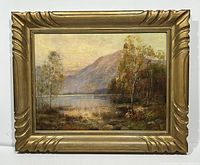 Framed oil on board landscape painting by William Stanley, showing full view with ornate gold frame.