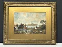 Full view of the framed watercolour landscape painting showing houses, road, and background water and hills.