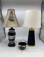 Overall view of both lamps and pottery bowl, showing relative sizes and colors