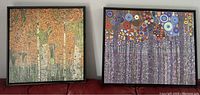 Both artworks together showing the birch tree canvas on the left and the colorful floral canvas on the right, both framed in black.