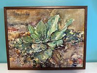 Full view of 19 x 15 inch oil painting on canvas depicting a green succulent, housed in a dark wood frame.