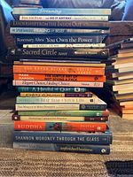 Stacked view of the self help books showing the spines and titles for identification.