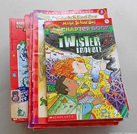 Photo of Magic School Bus chapter books including "Twister Trouble" with colorful illustrated covers