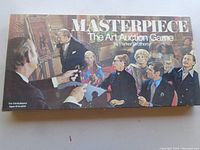 Game box cover showing an art auction scene, with a group of people participating in the auction and the Masterpiece logo.