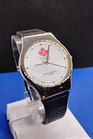 Front view of the watch on a stand showing dial with Canadian Olympic logo, Seiko branding, and hour/minute/second hands.