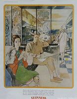 Photo of vintage Guinness 1960's original magazine print showing a group of people in a bar setting with artistic wall panels