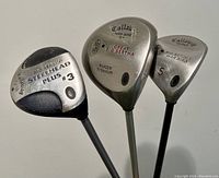 Front view of clubheads showing model names and numbers: Steelhead Plus #3 Wood, Great Big Bertha War Bird Driver, Big Bertha War Bird 5 Wood.