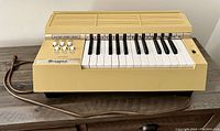 Front full view of Magnus Electric Chord Organ showing keyboard, chord buttons, and beige casing with power cord.