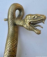 Close-up of the brass snake head door handle showing detailed scales, open mouth with teeth, and coil shape.
