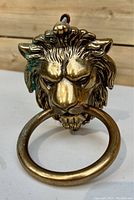 Front close-up of lion head door knocker showing detailed lion face and ring.